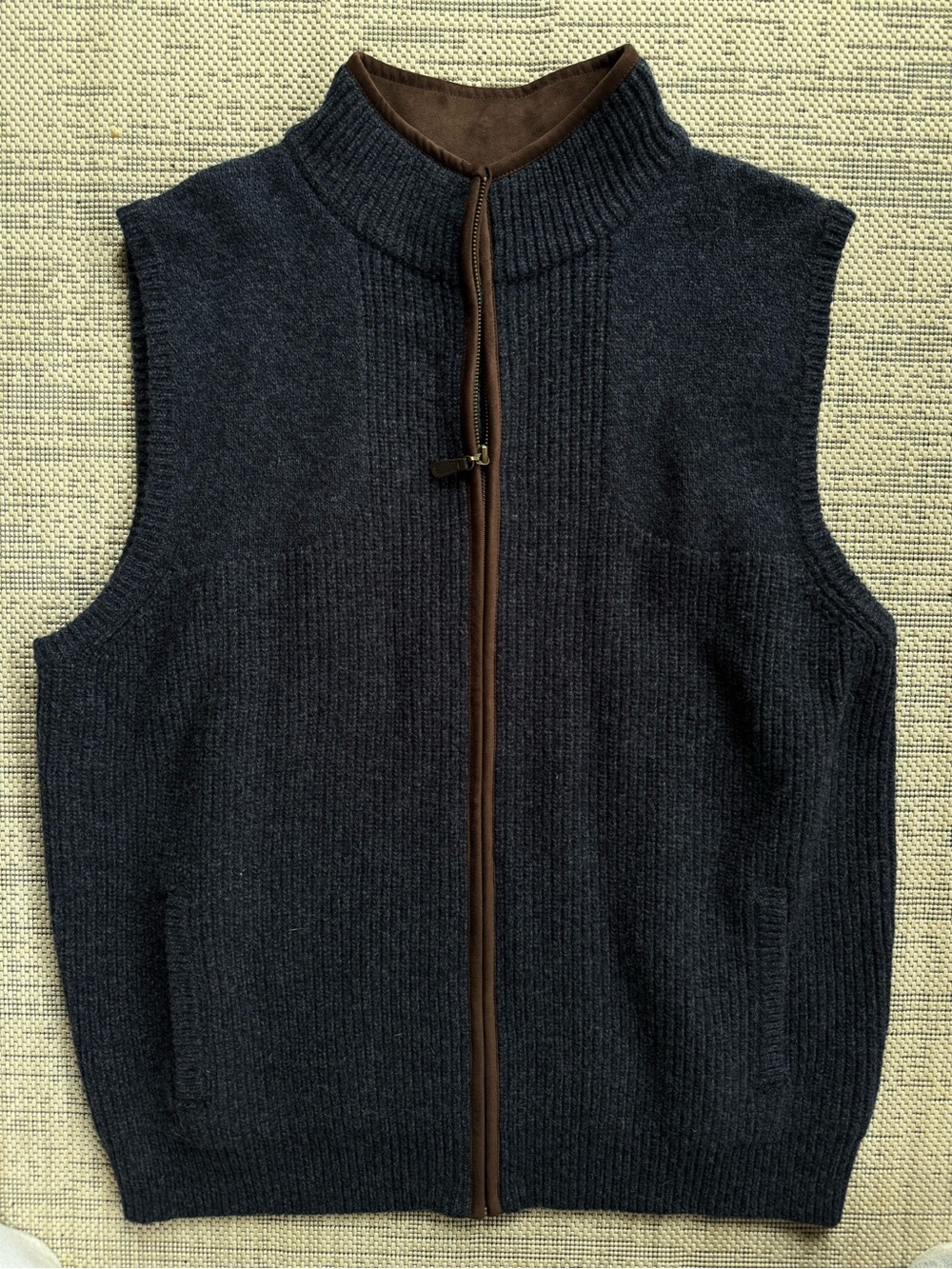 L.L. Bean Navy Knit Zip-Up Vest with Brown Trim